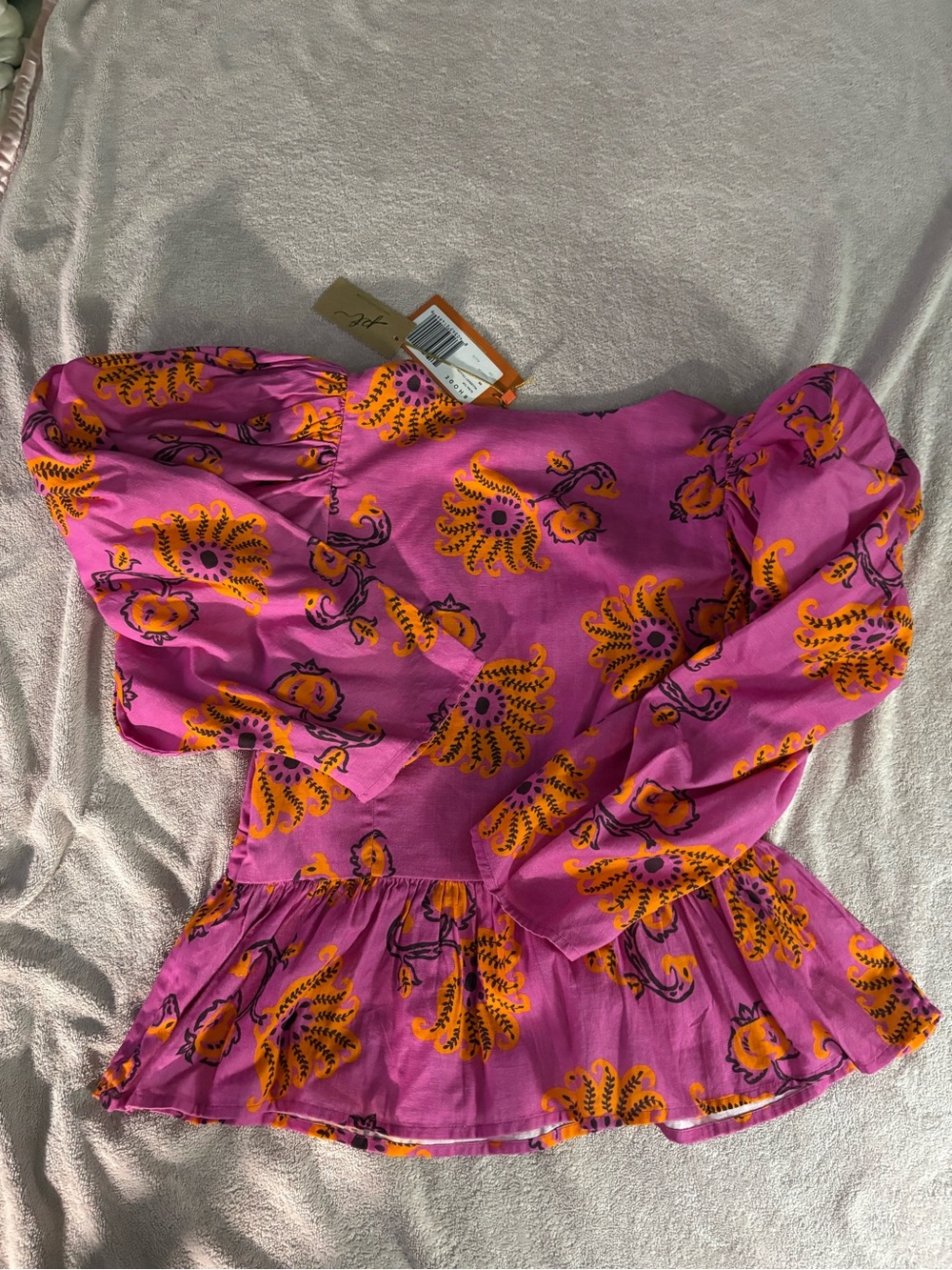 RHODE Pink Floral Puff-Sleeve Peplum Blouse with Orange Accents - Picture 3 of 3